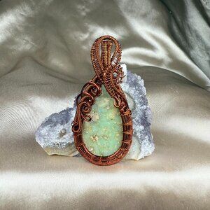 Handmade Copper Wire Wrapped Green Chrysoprase Teardrop Pendant Necklace Jewelry